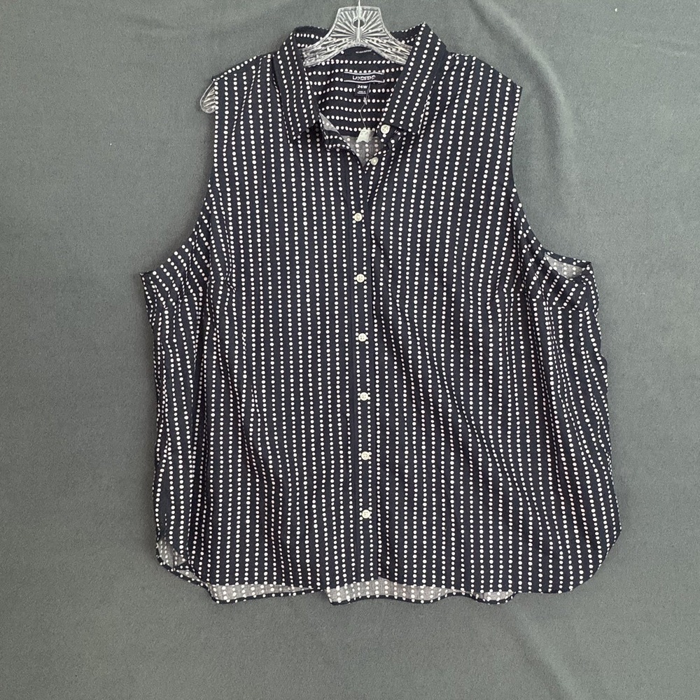 Lands End No Iron Supima Sleeveless Button Down Bloise Navy White Dot 24W New